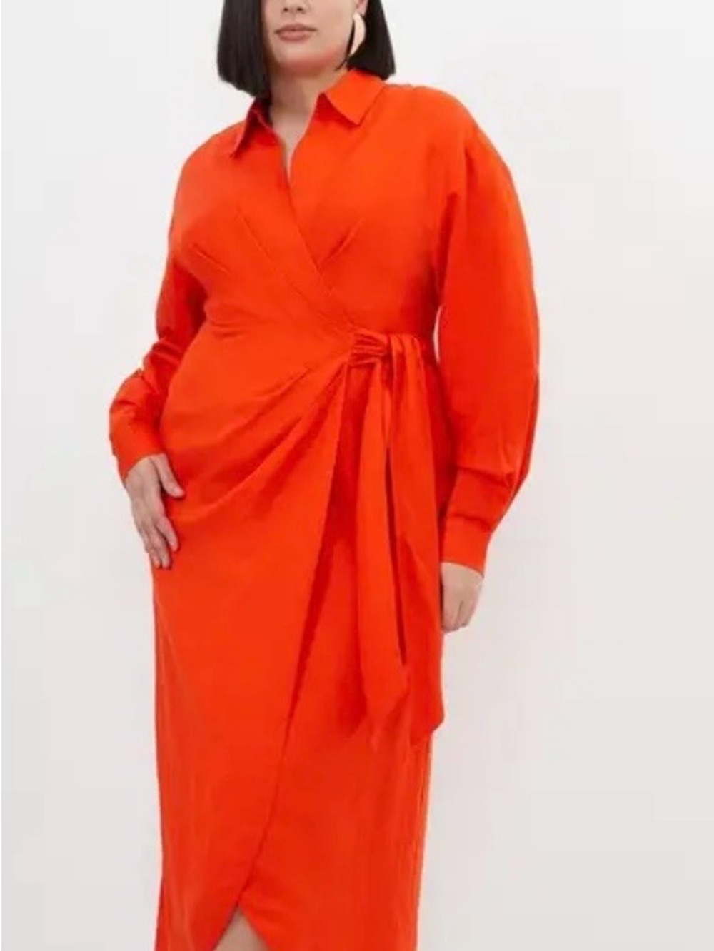 Wrap-Front Long Sleeve Midi Dress in Vibrant Orange